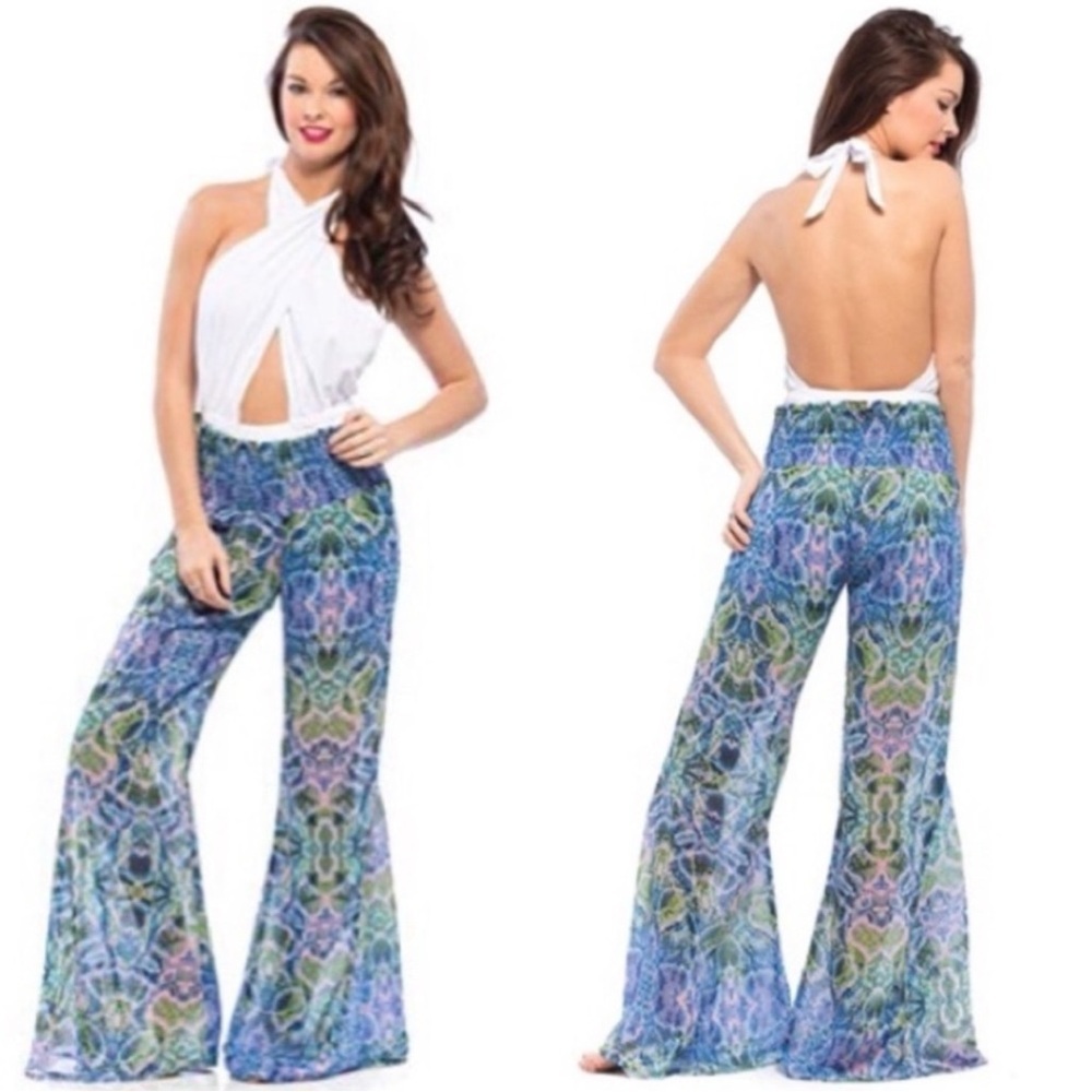 SHOW ME YOUR MUMU Snake Print Wide Leg Smocked Sheer Pants Trousers